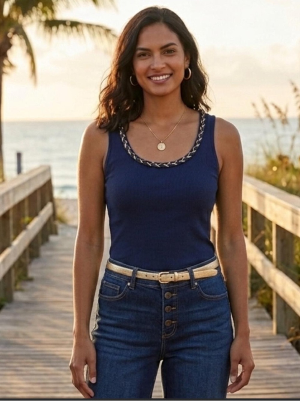 NY & Co Cotton Blue‎ Tank with gold detail